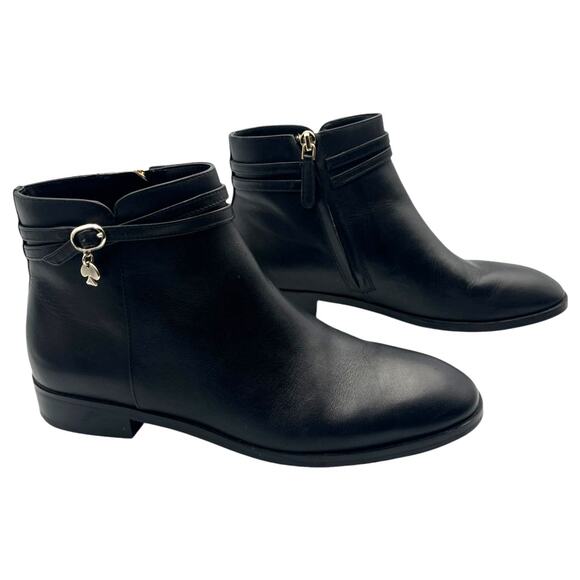 Kate Spade Black Leather Ankle Boots Spade Gold Charm Size 7.5 - Picture 1 of 8